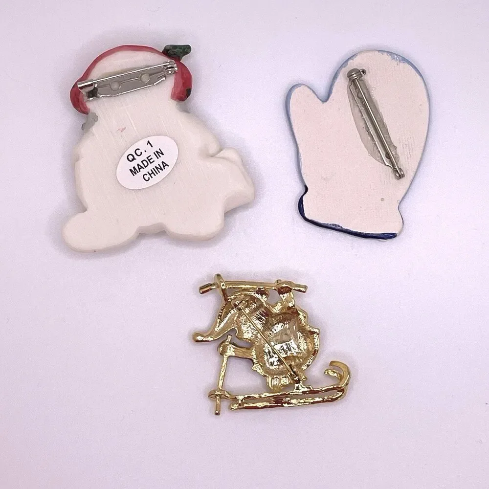Christmas Brooches Pins Set of 3 Snowmen Santa Red White Blue Enamel Clay Resin